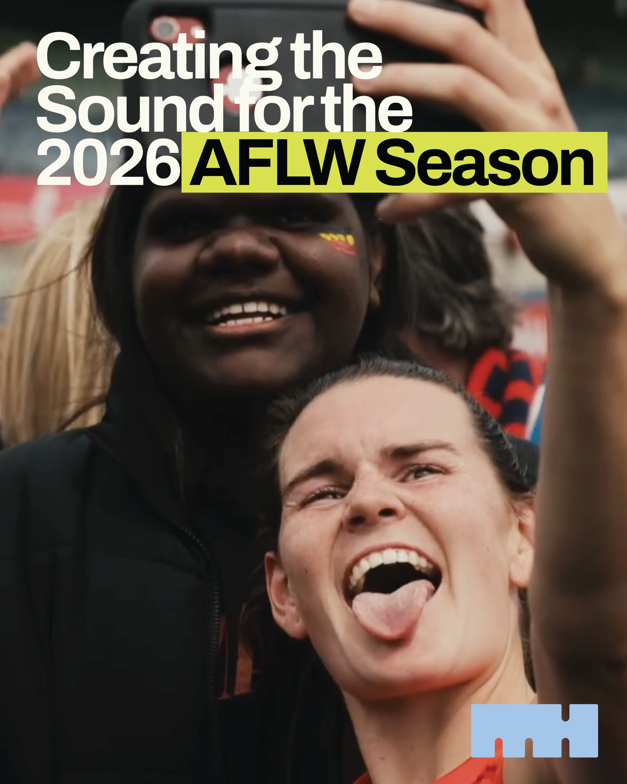 Two women celebrating at an AFLW match beneath the headline “Creating the Sound for the 2026 AFLW Season.”