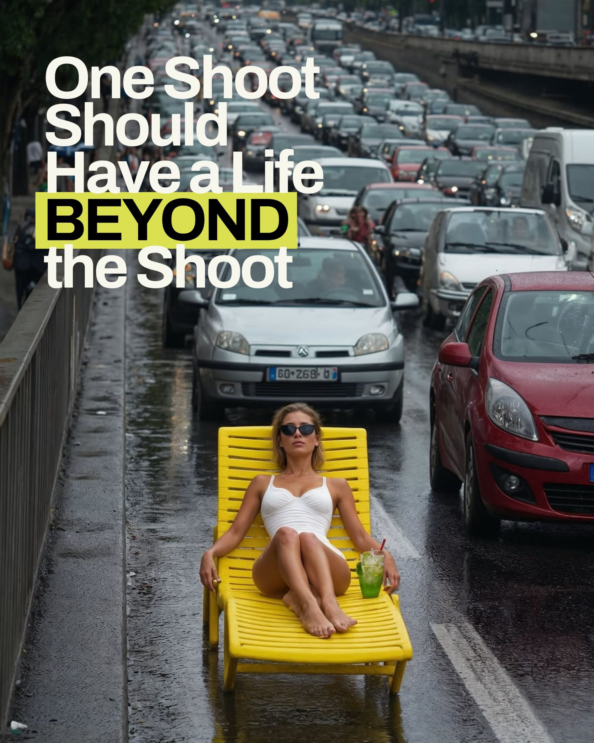 Woman reclining on a yellow sun lounger in traffic for MOK’HOUSE creative production article One Shoot Should Have a Life Beyond the Shoot.